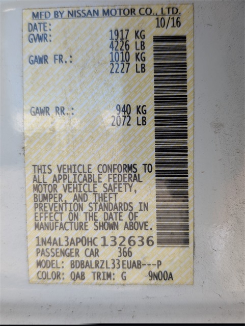 2017 Nissan Altima 2.5 SL White at Emmons Autoplex