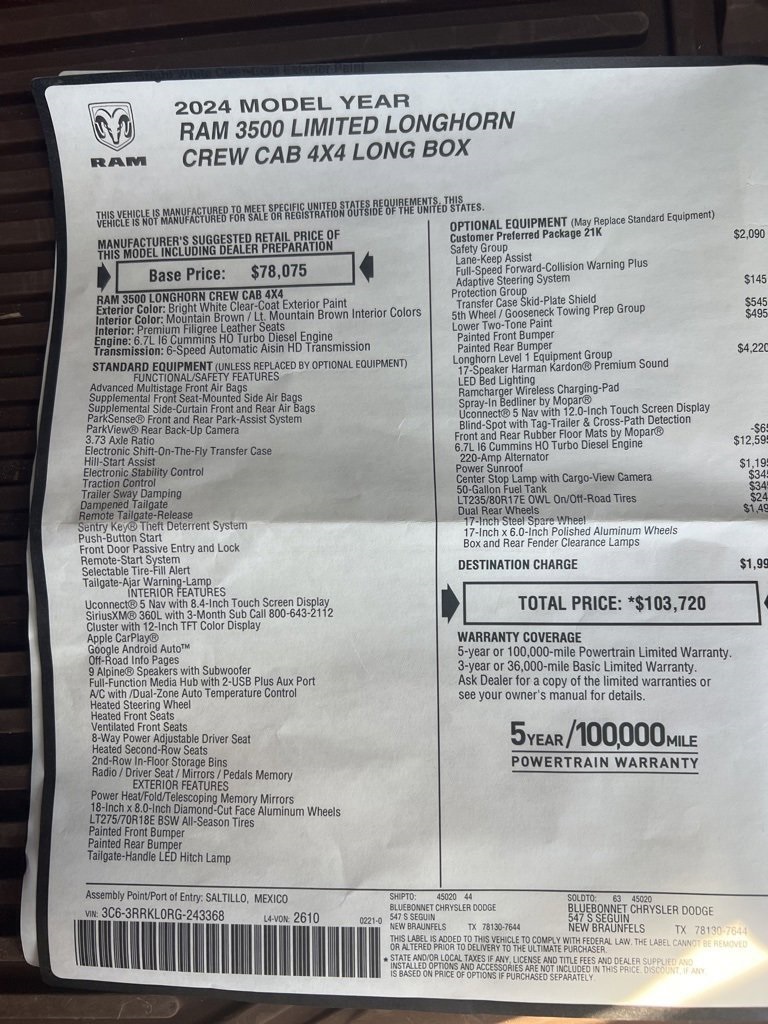 Used Car 2024 Ram 3500  Laramie Longhorn For Sale Under $80,000 In Floresville, Texas