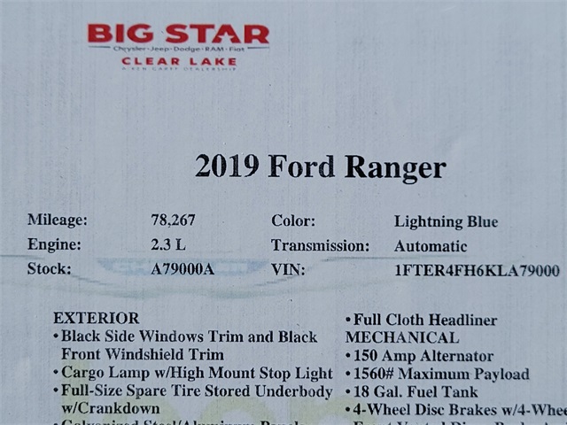 2019 Ford Ranger Lariat Blue at Bayshore Chrysler Jeep Dodge Ram