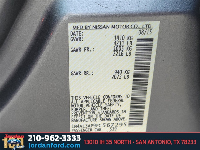 Used Car 2015 Nissan Altima  2.5 Sv For Sale Under $12,000 In San Antonio, Texas