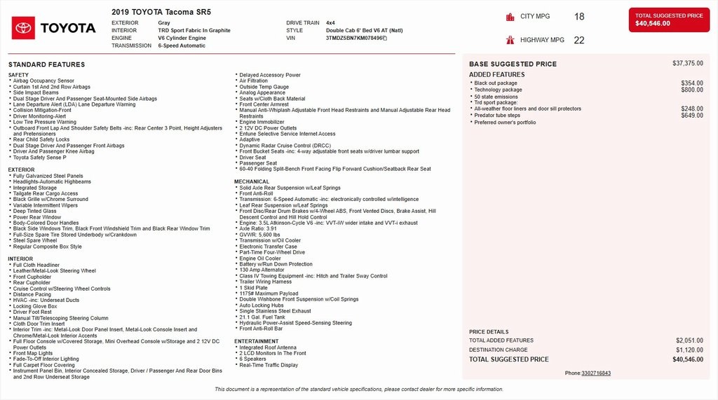 2019 Toyota Tacoma SR5 V6 Double Cab LB 4WD