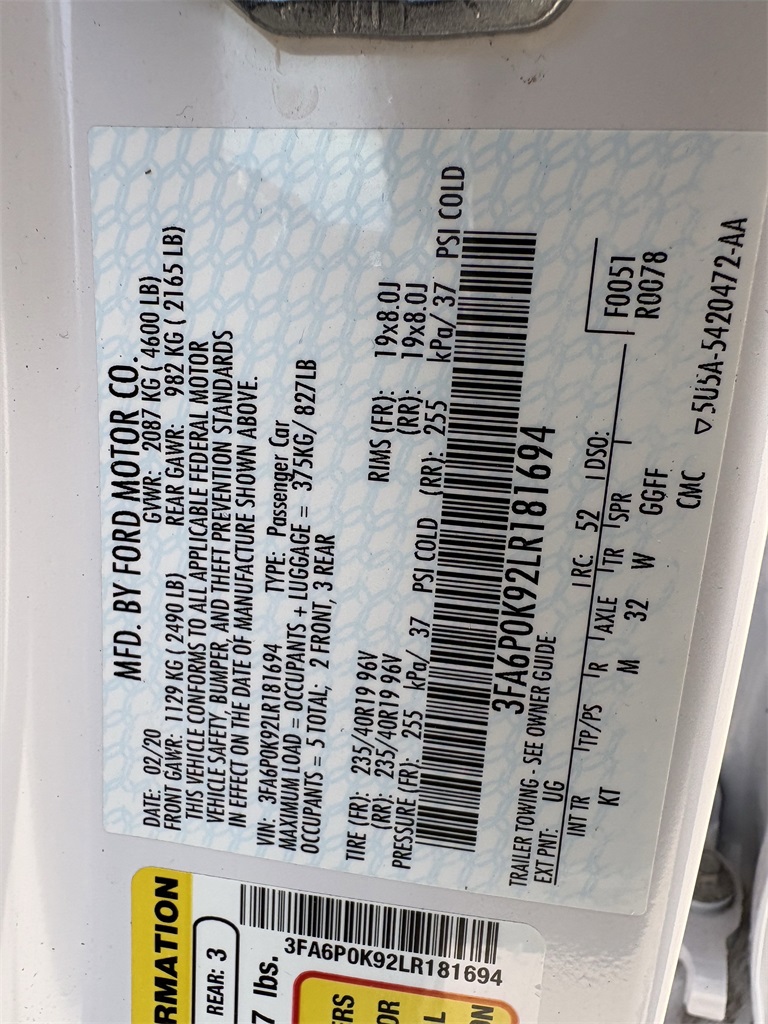 2020 Ford Fusion Titanium White at Durrett Motor Company