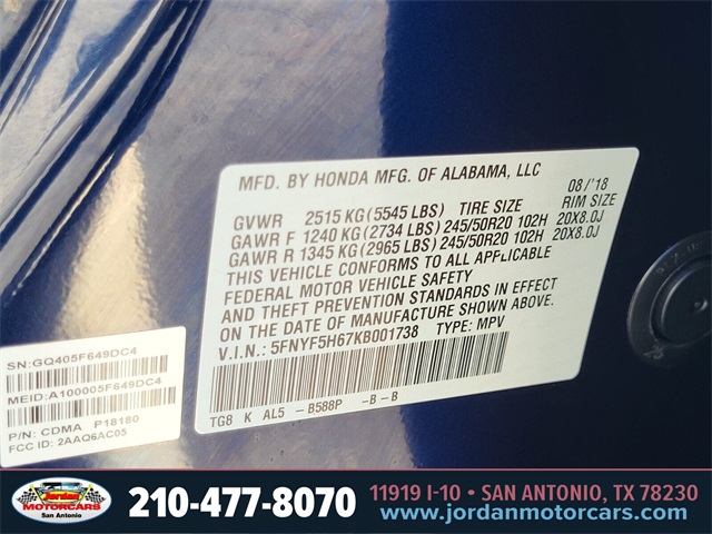 Used Car 2019 Honda Pilot  Touring For Sale Under $25,000 In San Antonio, Texas