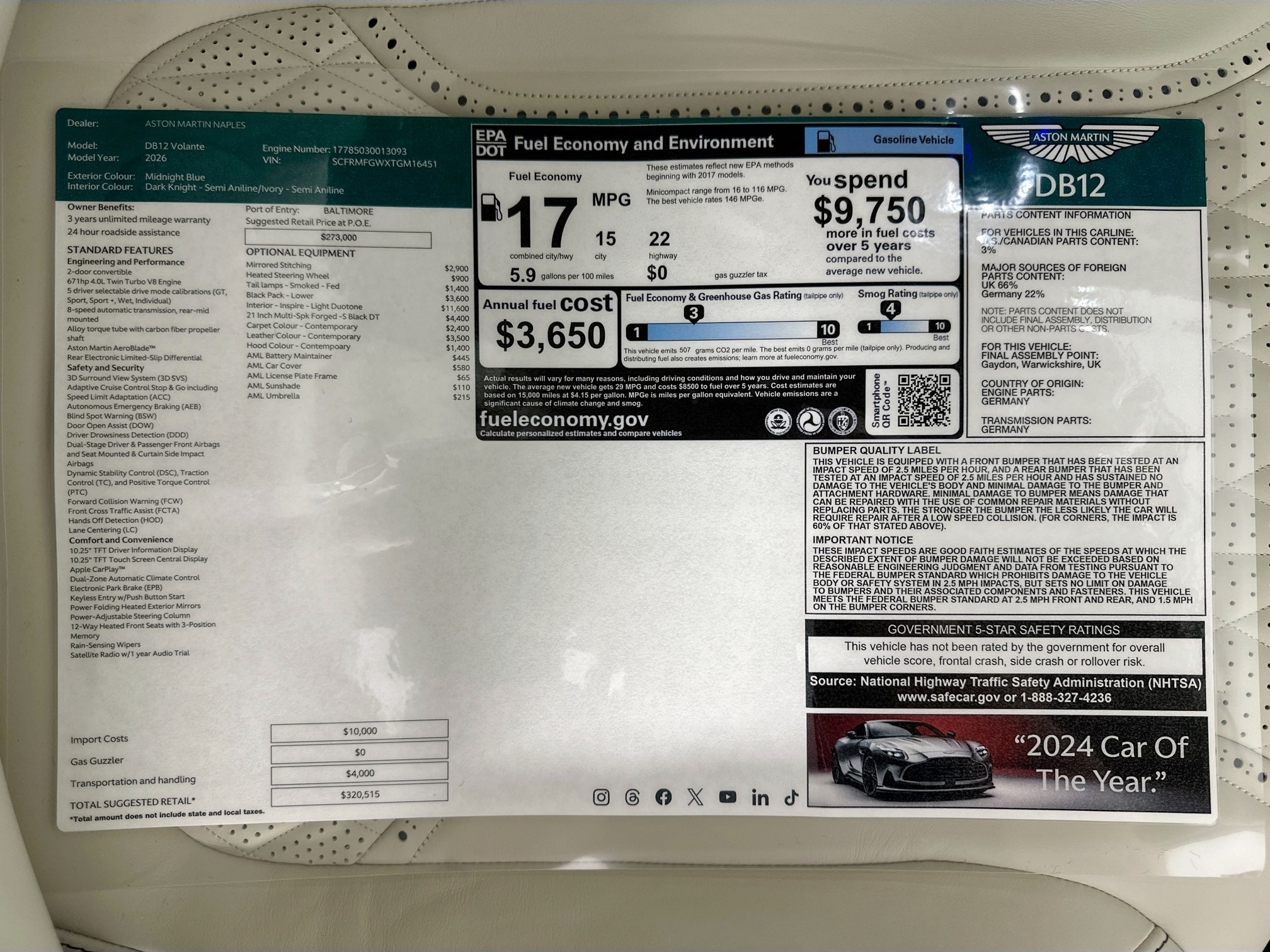 new 2026 Aston Martin DB12 car, priced at $320,515