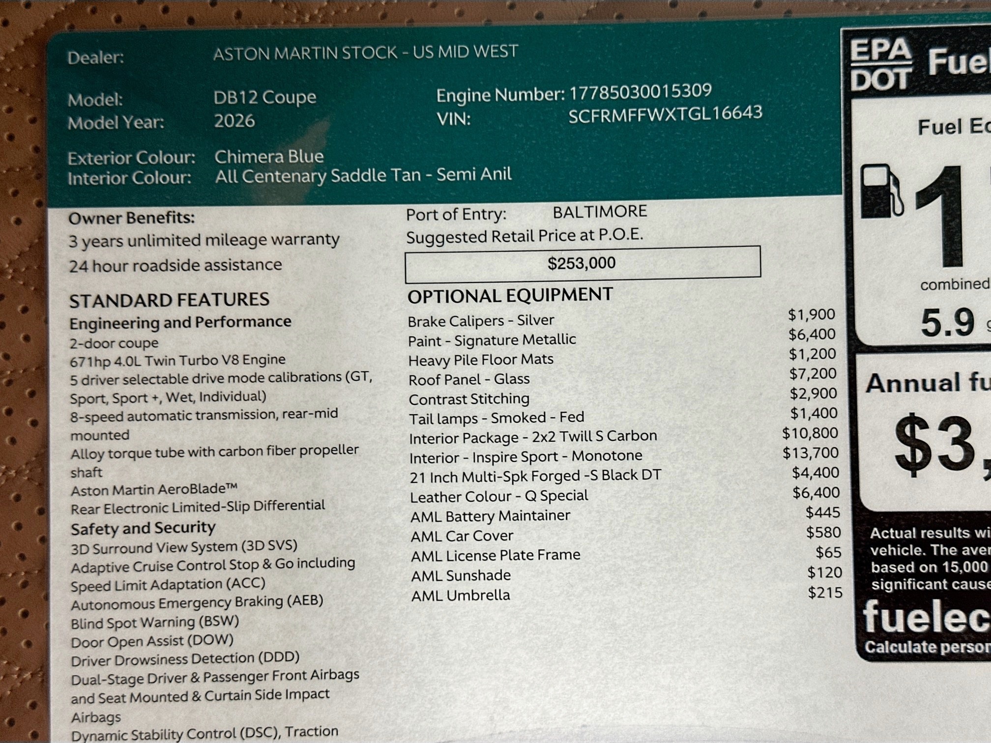 new 2026 Aston Martin DB12 car, priced at $323,000