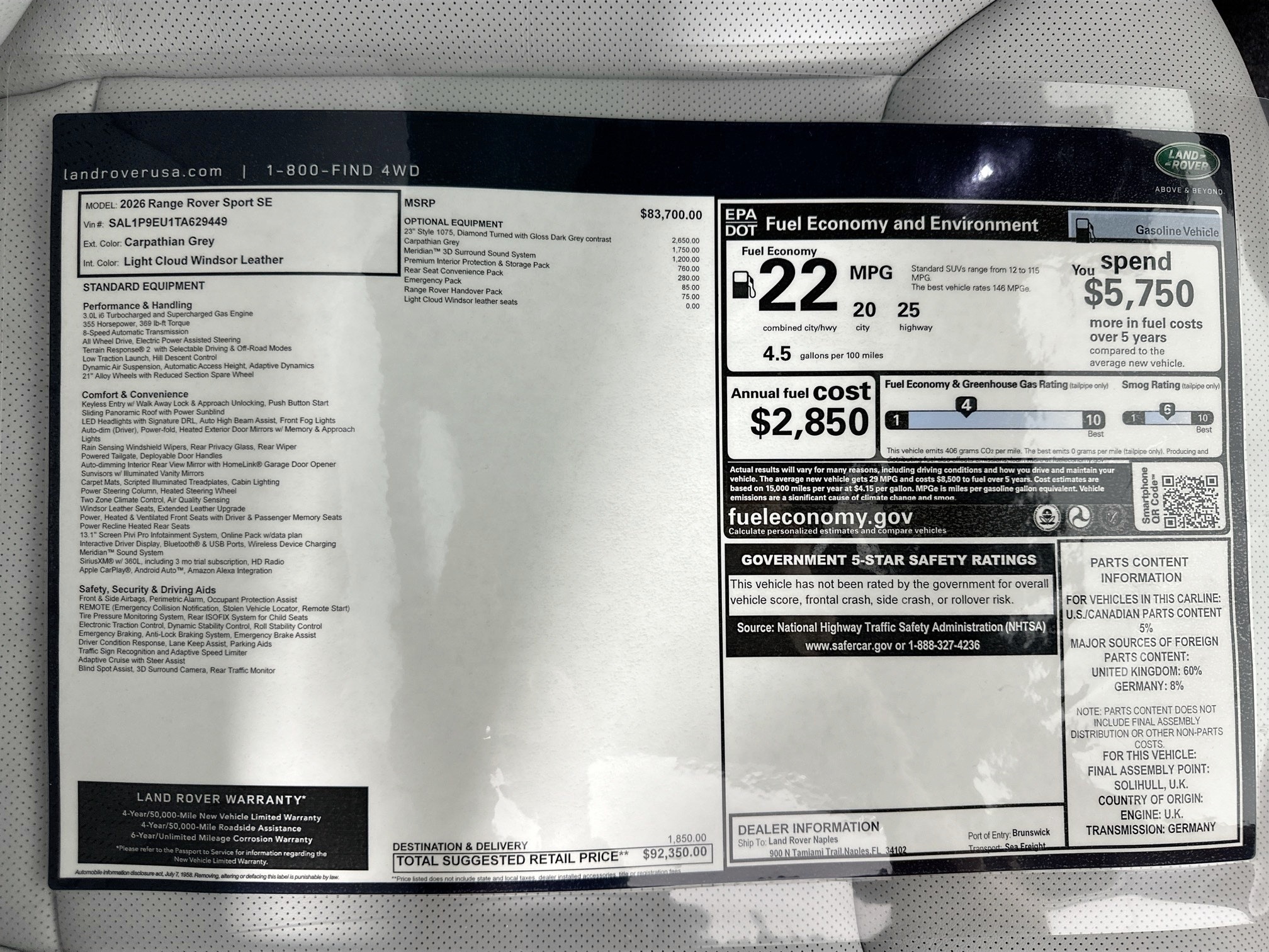 new 2026 Land Rover Range Rover Sport car, priced at $92,350