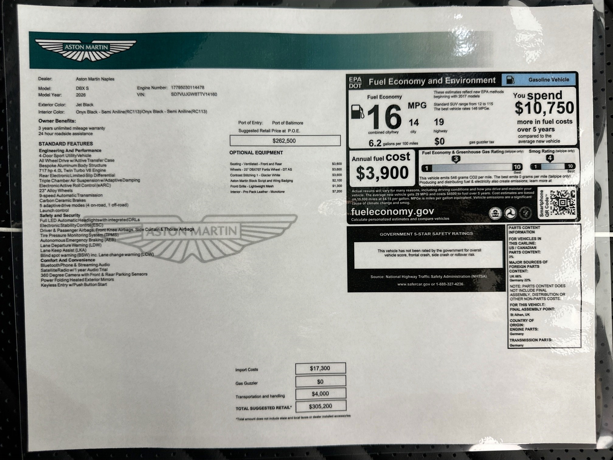 new 2026 Aston Martin DBX car, priced at $305,200