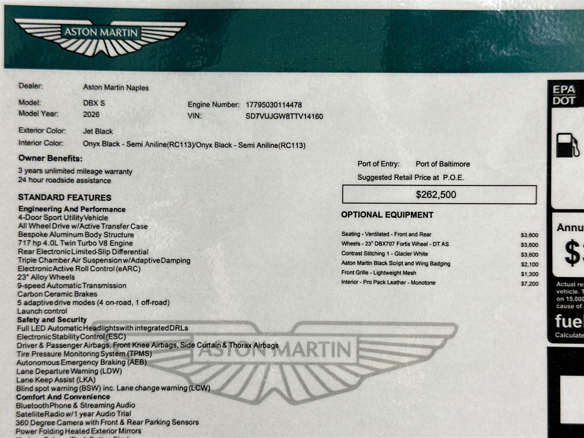 new 2026 Aston Martin DBX car, priced at $305,200