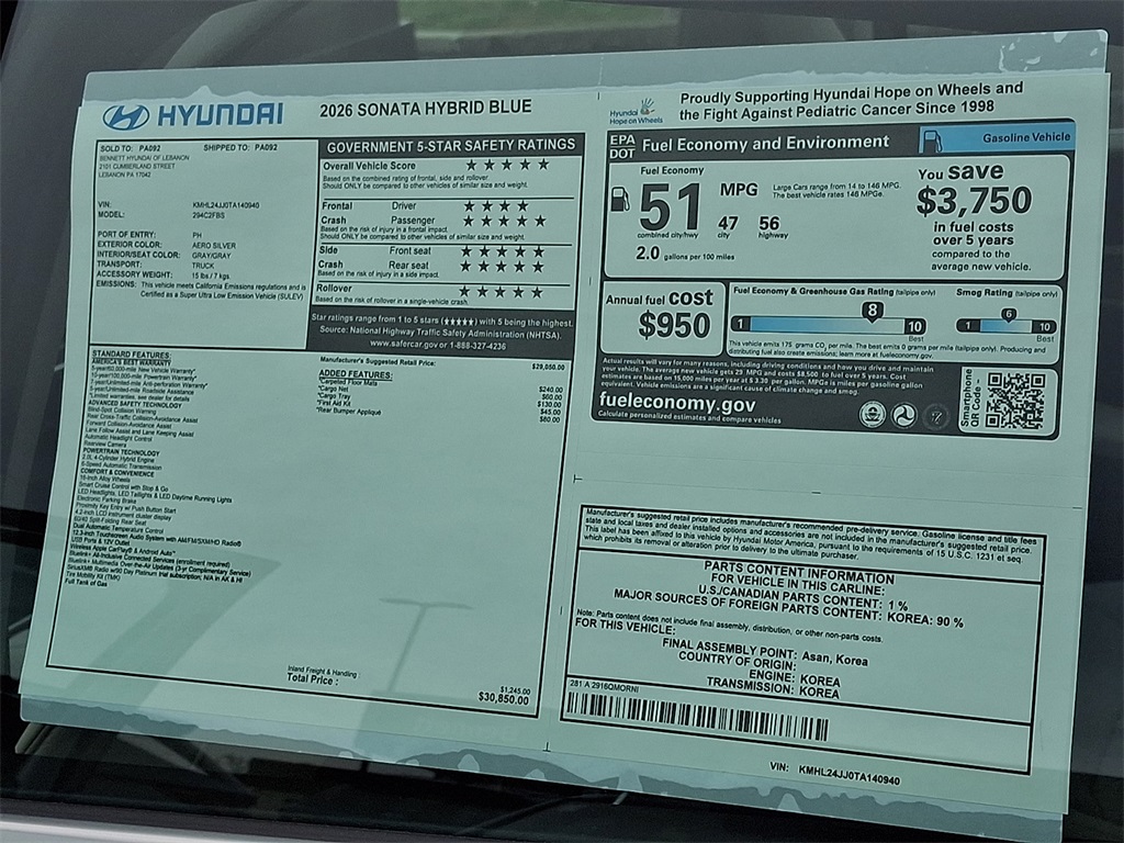 new 2026 Hyundai Sonata Hybrid car, priced at $30,292