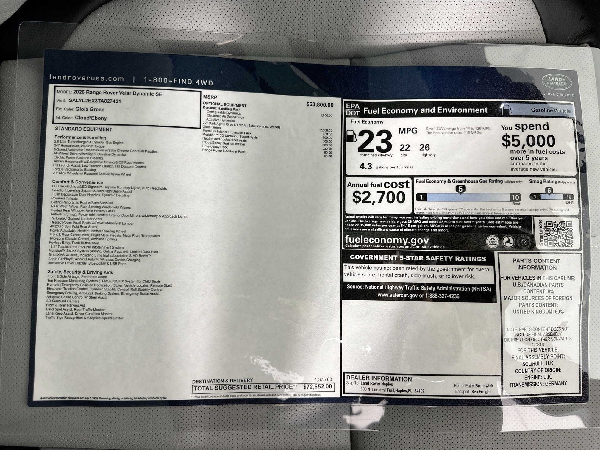 new 2026 Land Rover Range Rover Velar car, priced at $72,652