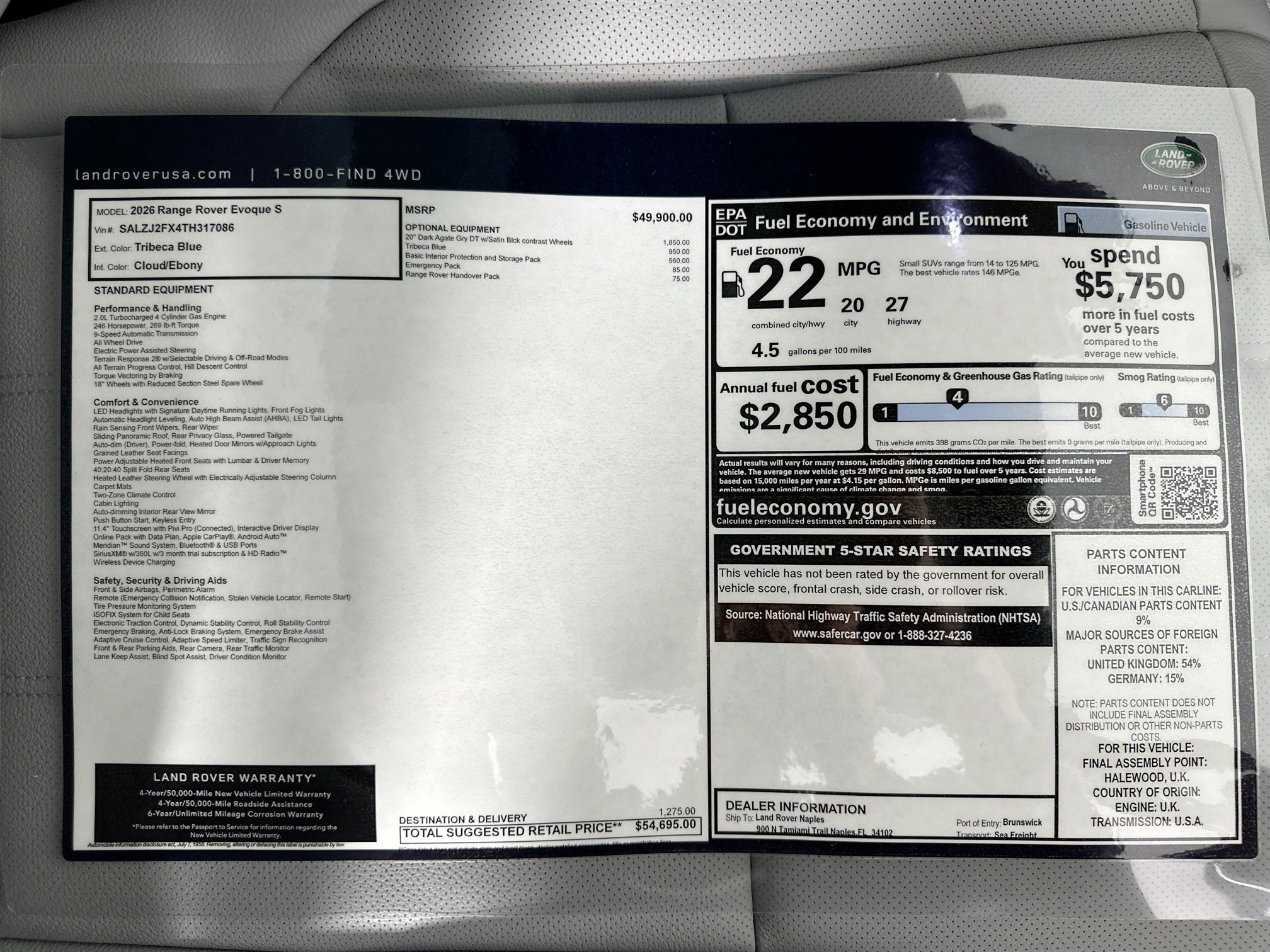 new 2026 Land Rover Range Rover Evoque car, priced at $54,695