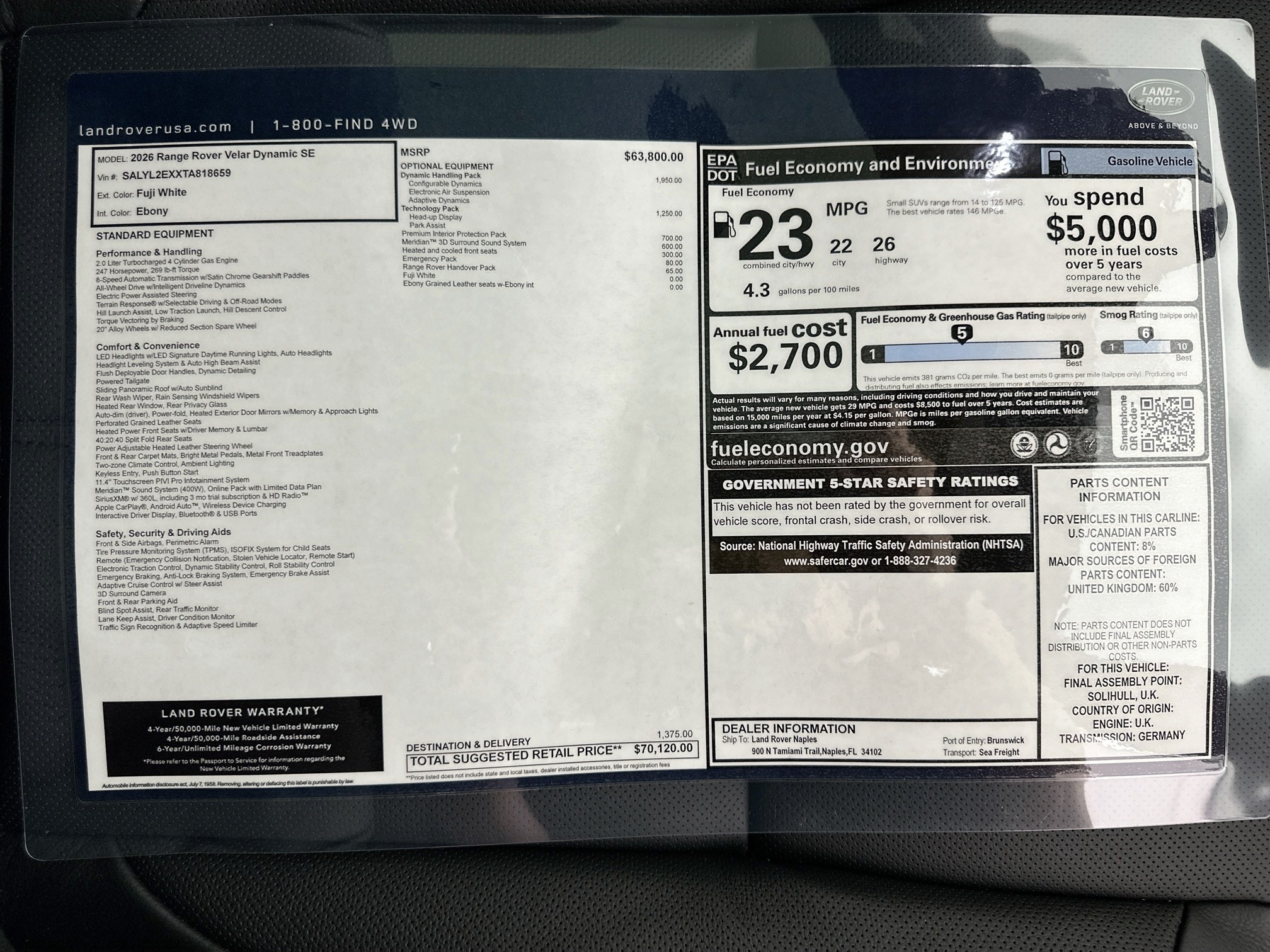 used 2026 Land Rover Range Rover Velar car, priced at $70,120