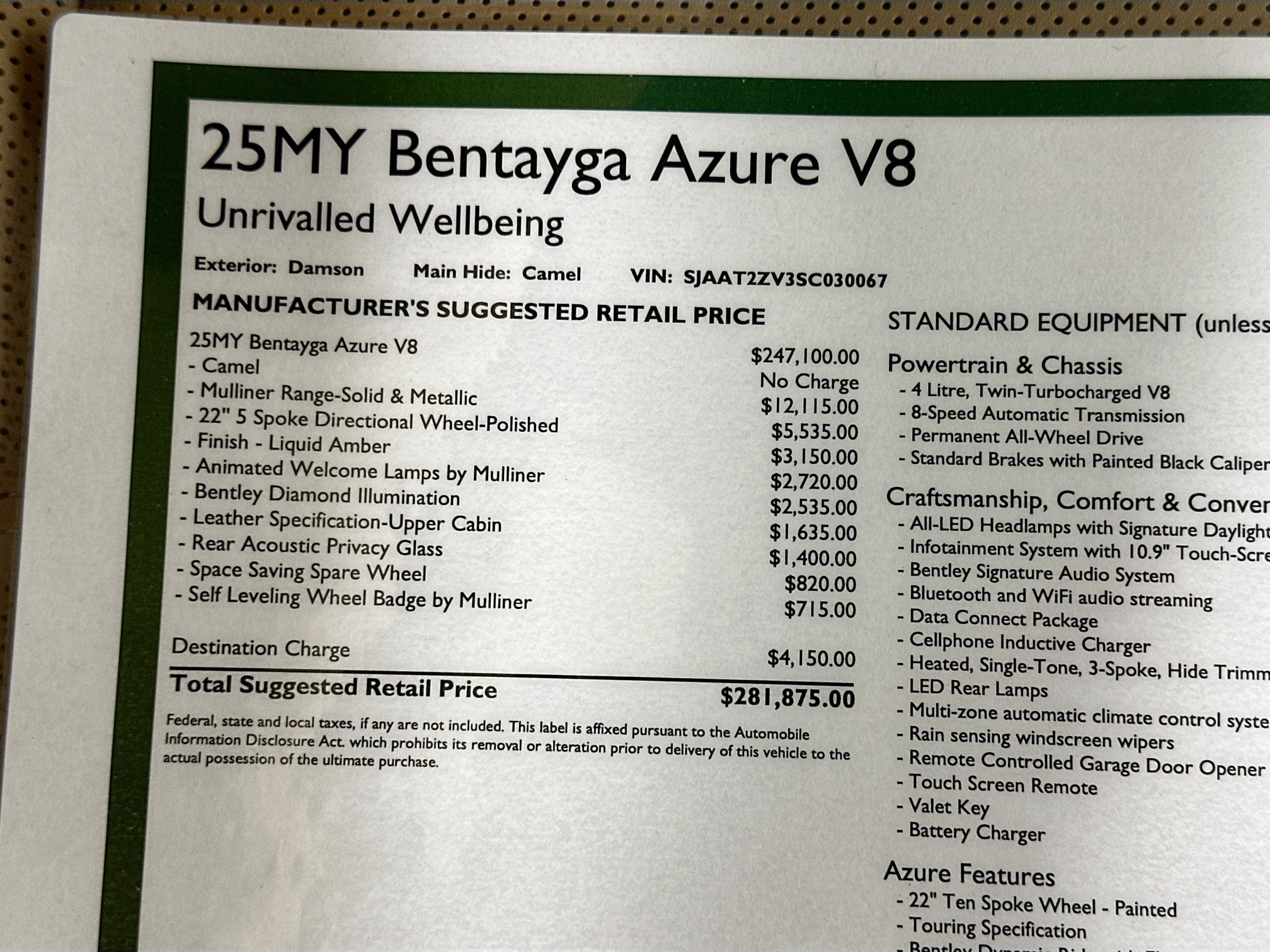 used 2025 Bentley Bentayga car, priced at $239,875