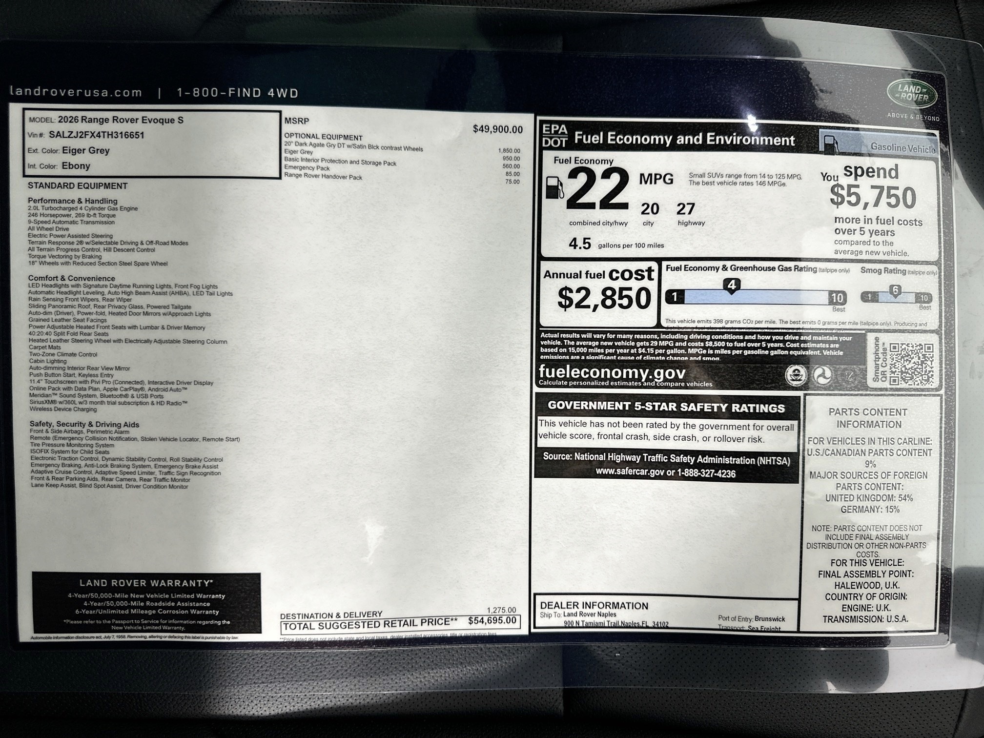 new 2026 Land Rover Range Rover Evoque car, priced at $54,695