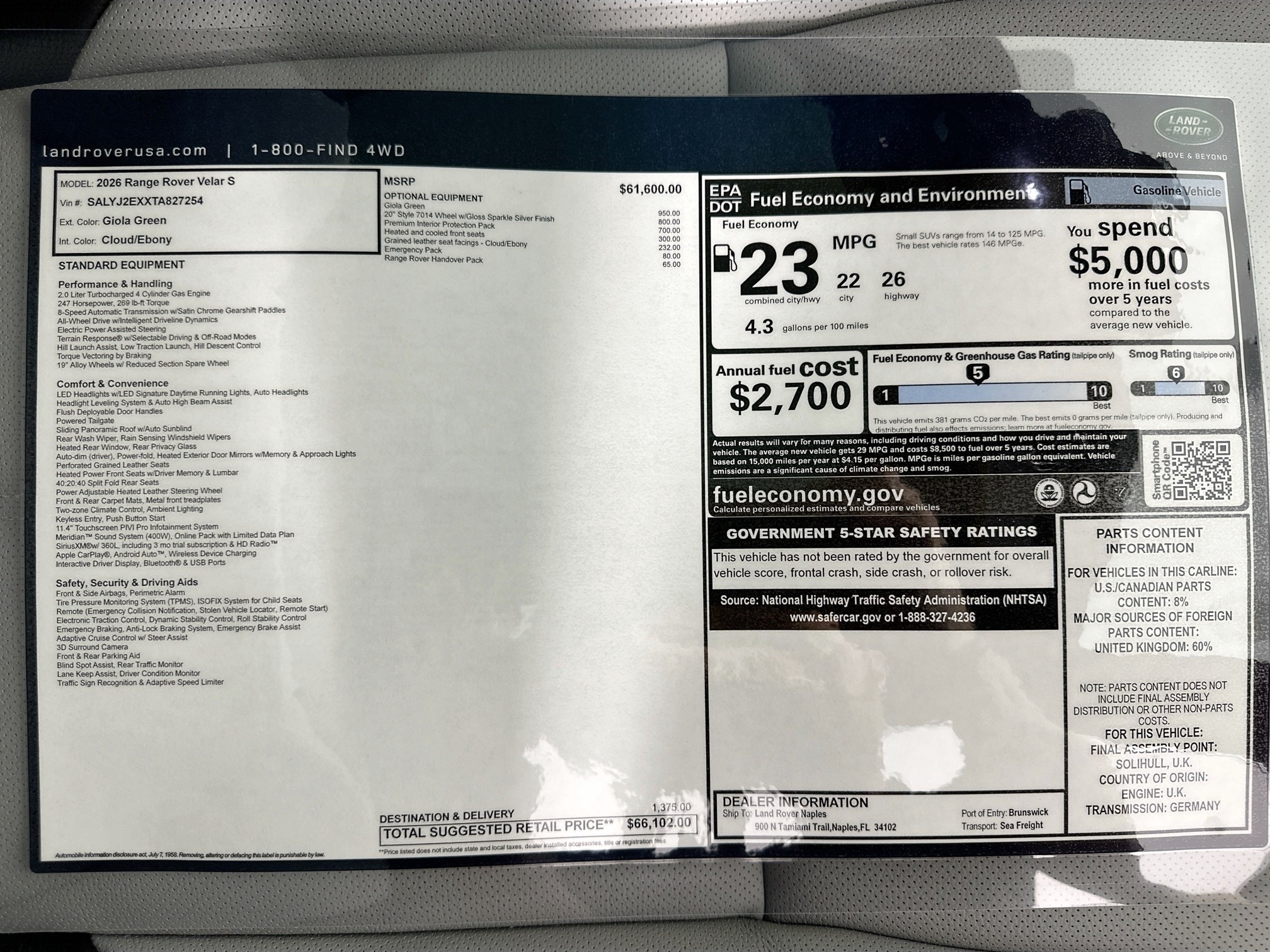 new 2026 Land Rover Range Rover Velar car, priced at $66,102