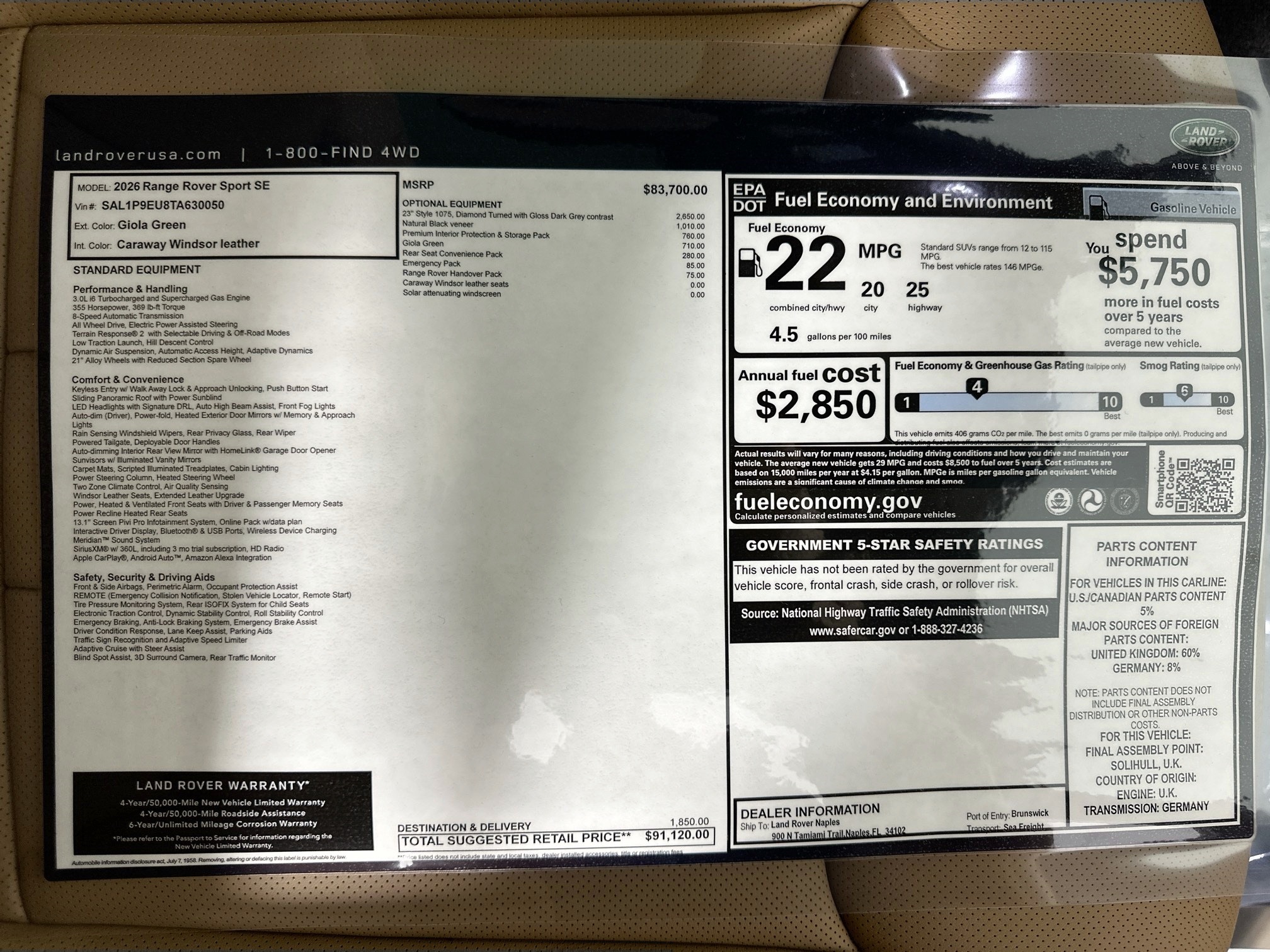 new 2026 Land Rover Range Rover Sport car, priced at $91,120