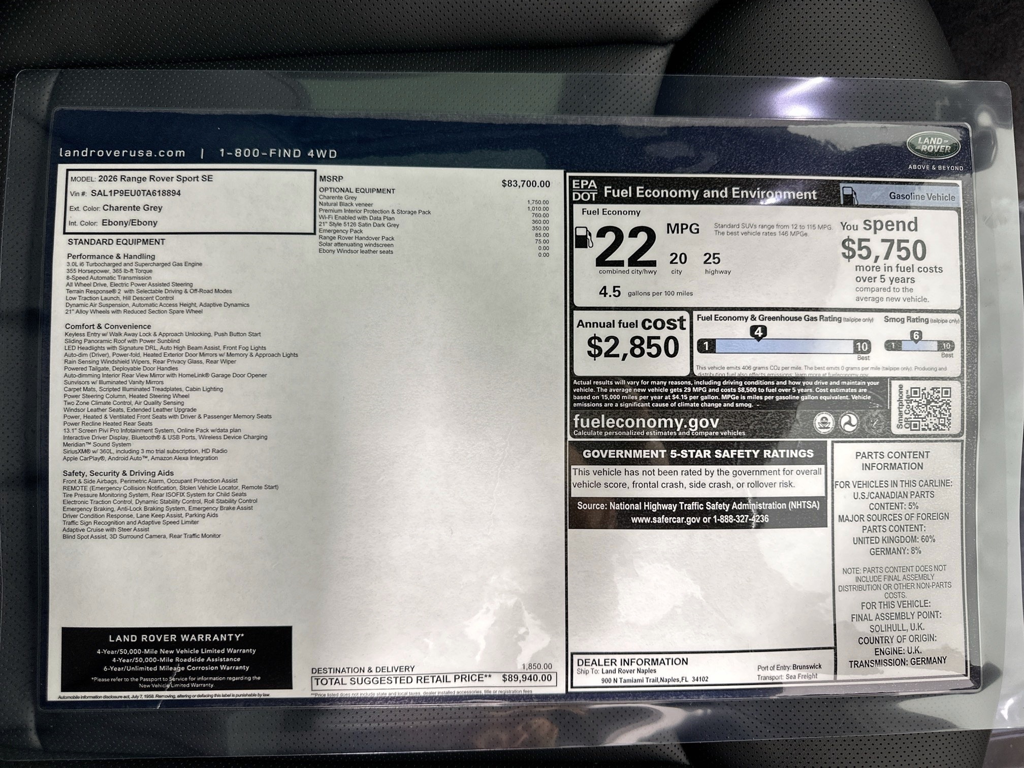 new 2026 Land Rover Range Rover Sport car, priced at $89,940