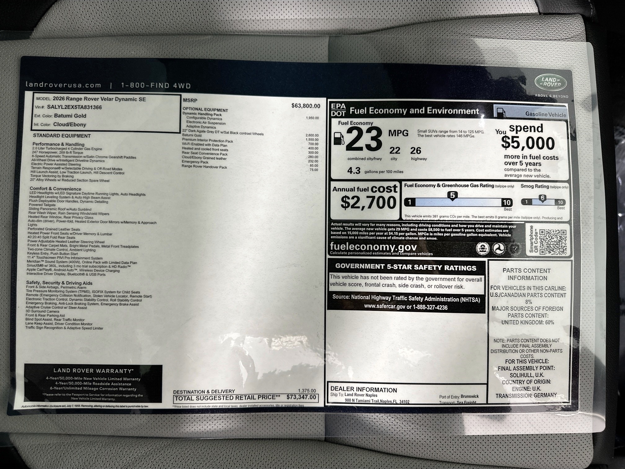 new 2026 Land Rover Range Rover Velar car, priced at $73,347