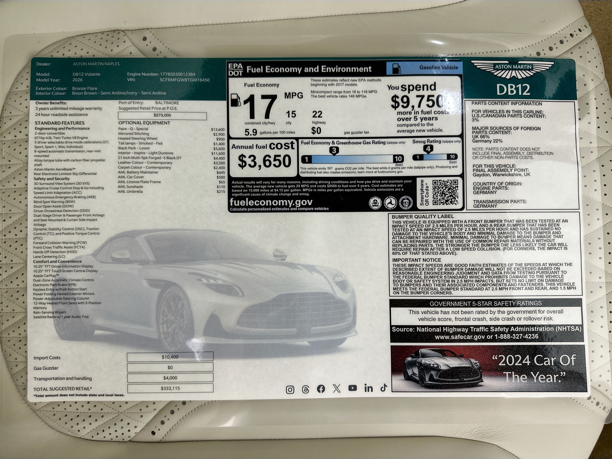 new 2026 Aston Martin DB12 car, priced at $331,700