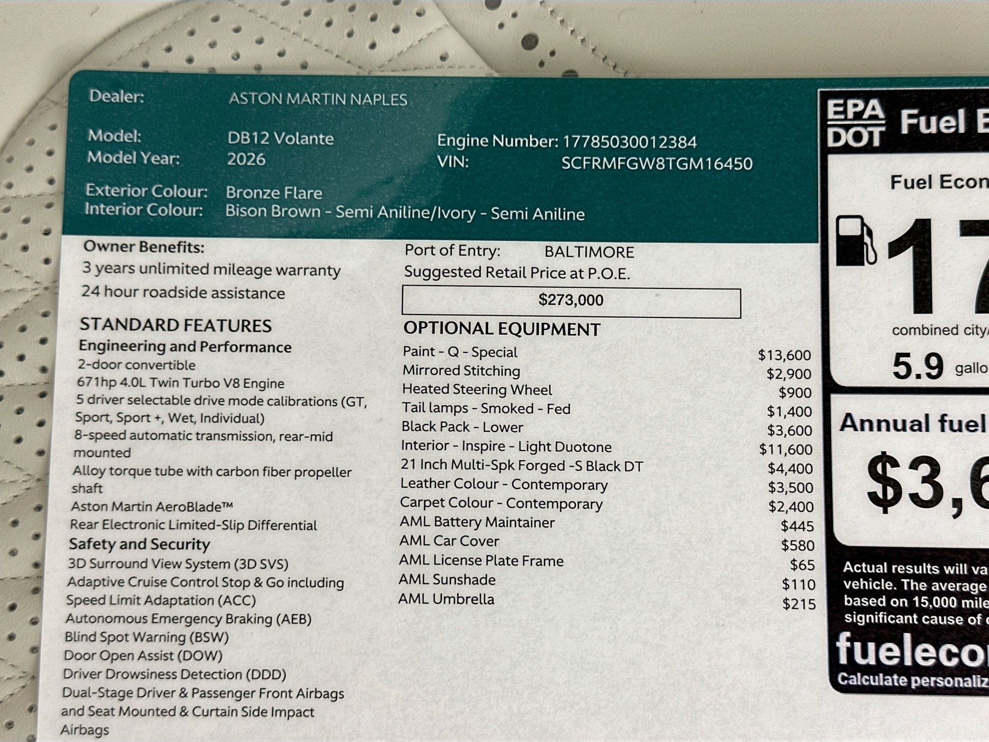 new 2026 Aston Martin DB12 car, priced at $331,700