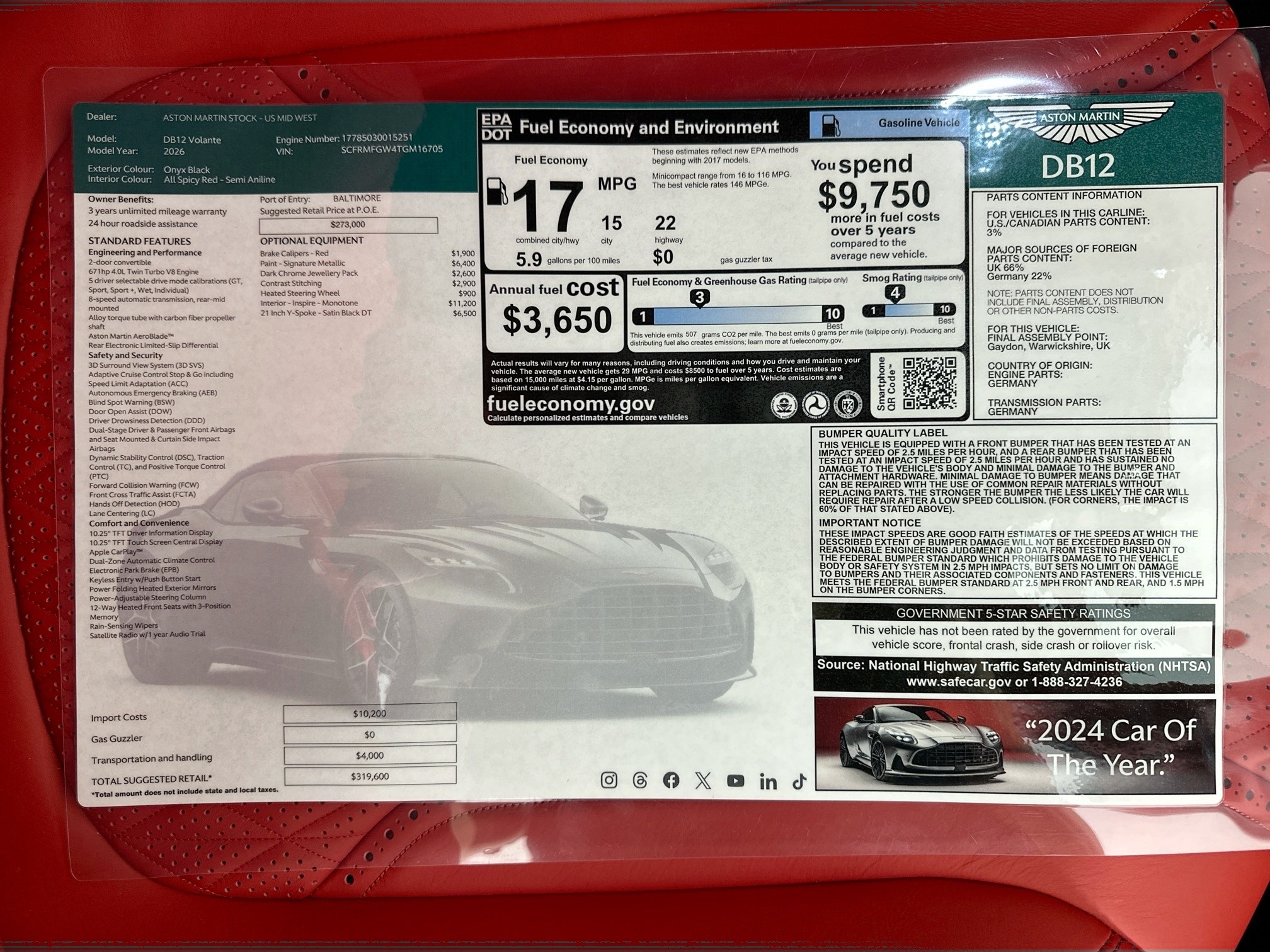 new 2026 Aston Martin DB12 car, priced at $319,600