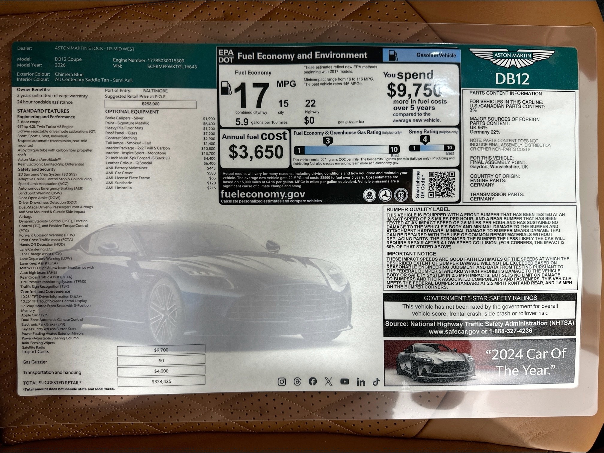 new 2026 Aston Martin DB12 Coupe car, priced at $323,000