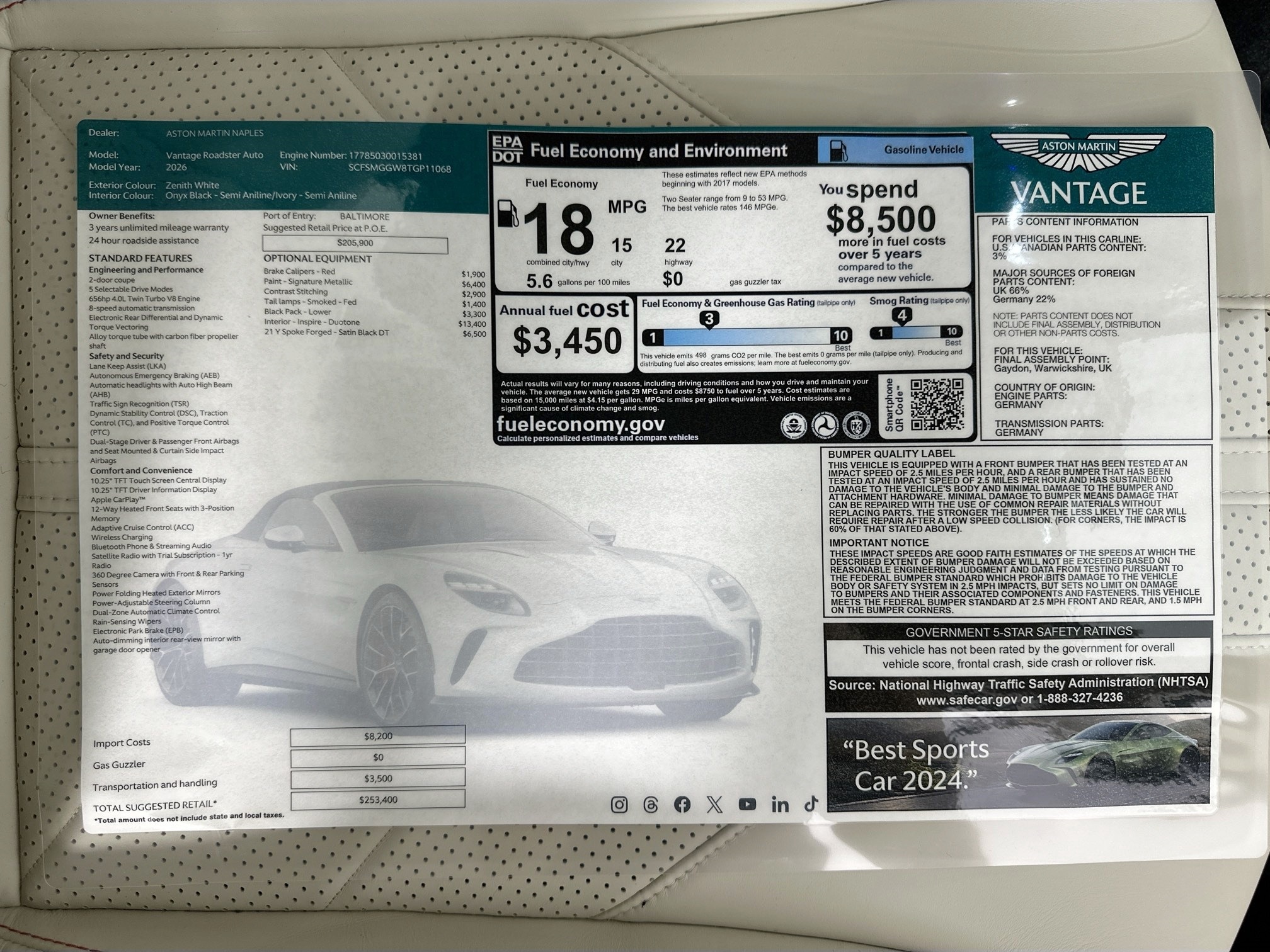 new 2026 Aston Martin Vantage car, priced at $253,400