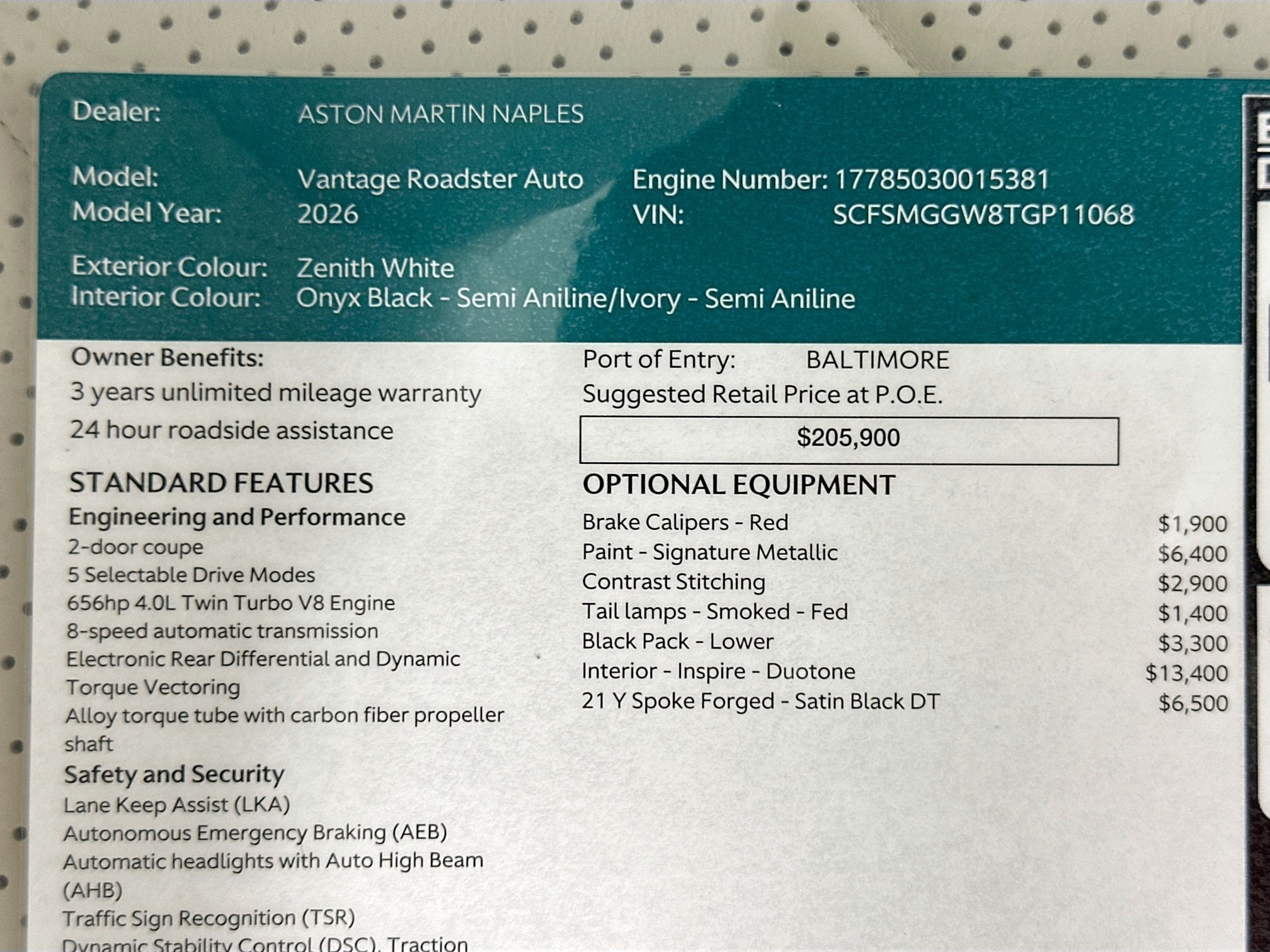 new 2026 Aston Martin Vantage car, priced at $253,400