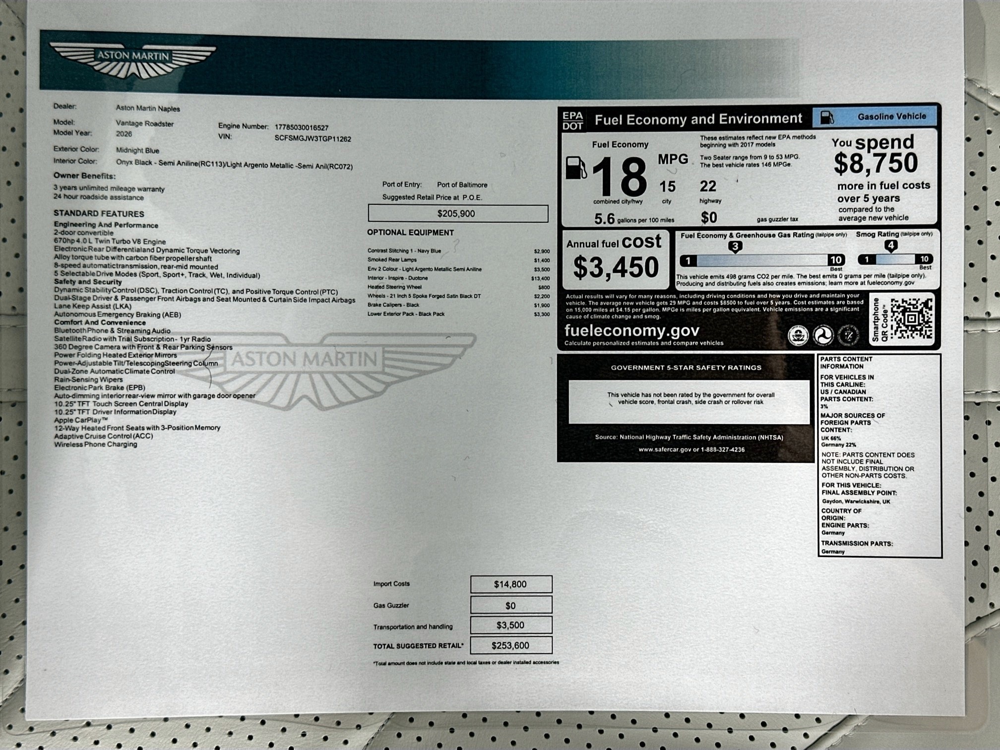new 2026 Aston Martin Vantage car, priced at $253,600