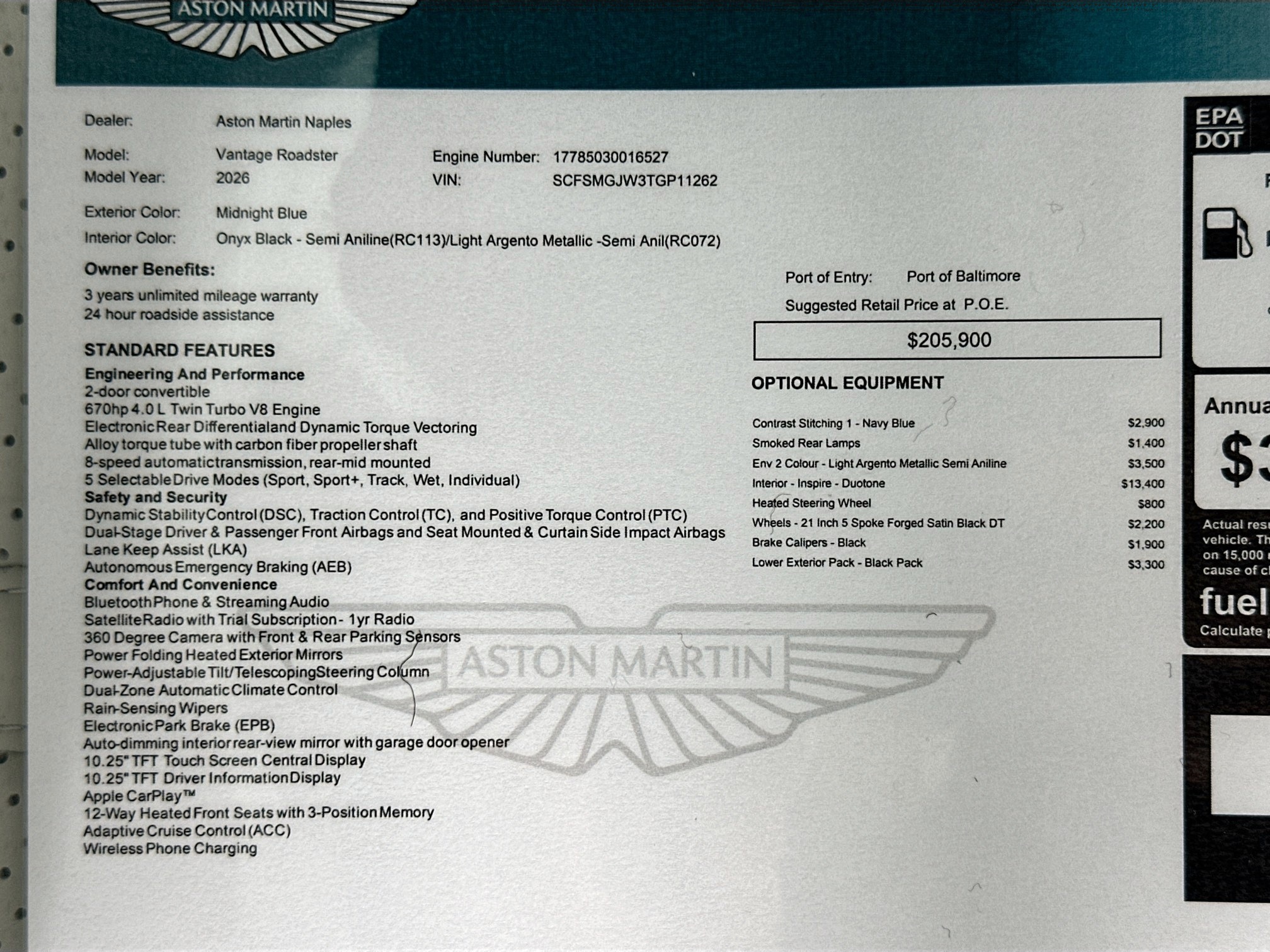 new 2026 Aston Martin Vantage car, priced at $253,600