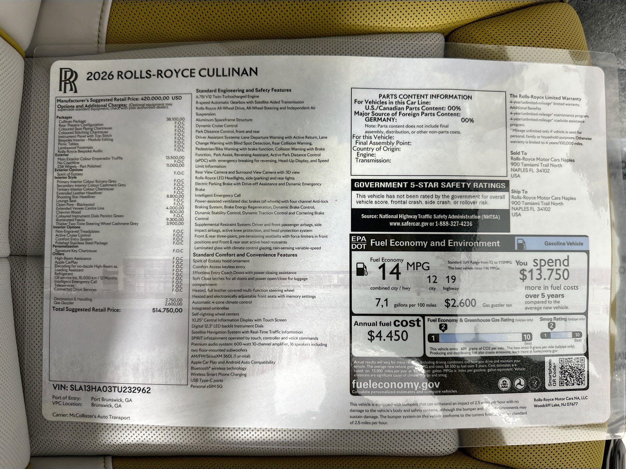 new 2026 Rolls-Royce Cullinan car, priced at $514,750
