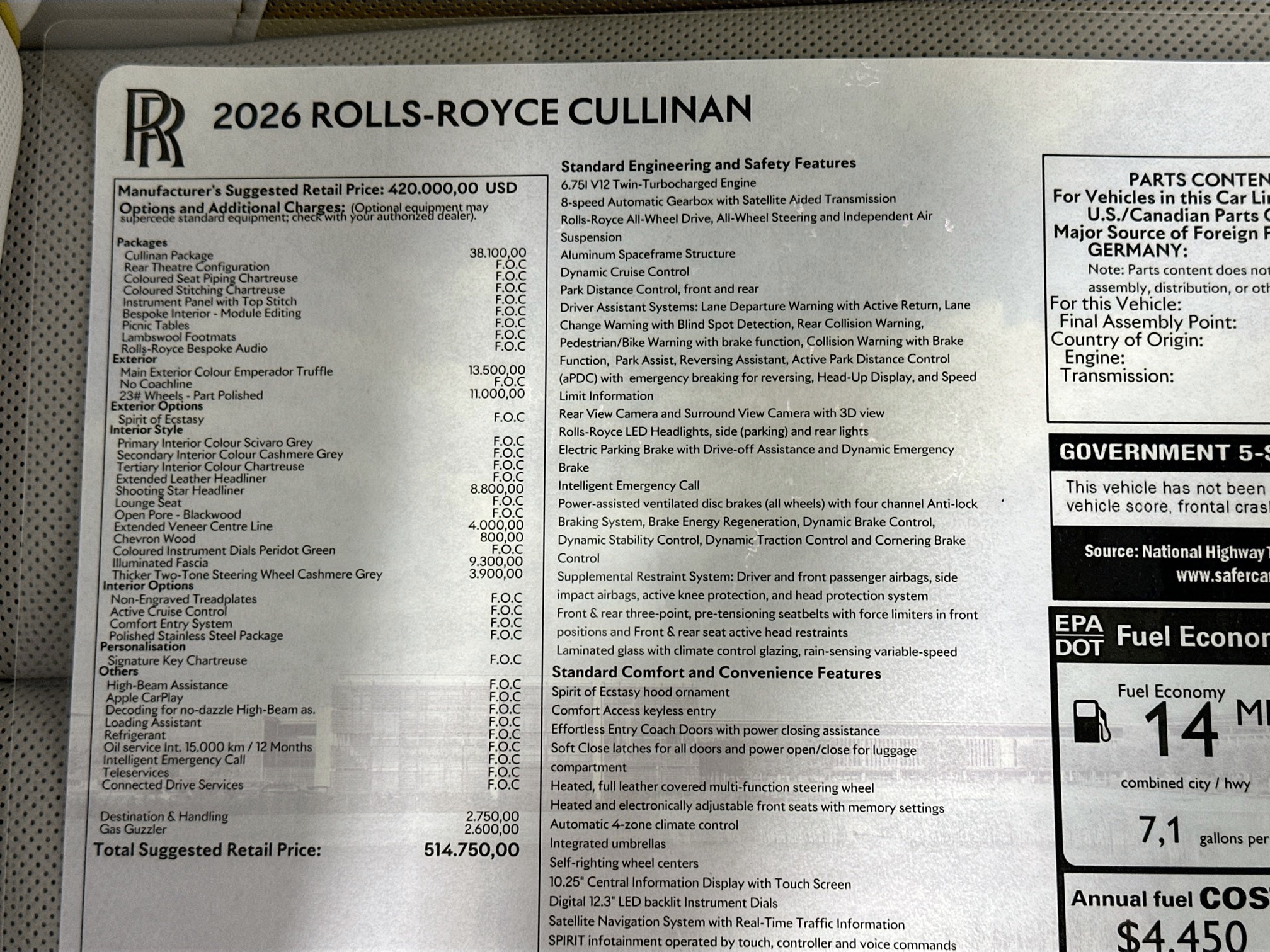 new 2026 Rolls-Royce Cullinan car, priced at $514,750