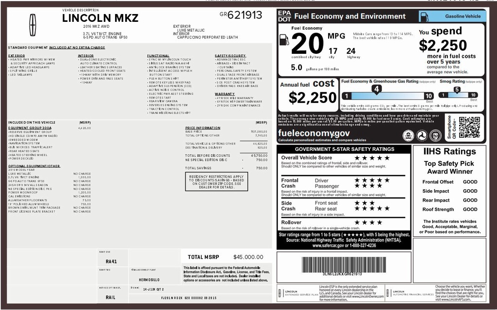 used 2016 Lincoln MKZ car, priced at $12,000