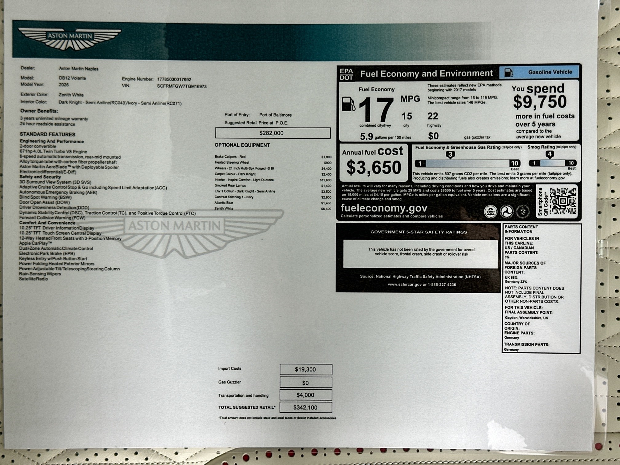 new 2026 Aston Martin DB12 Volante car, priced at $342,100