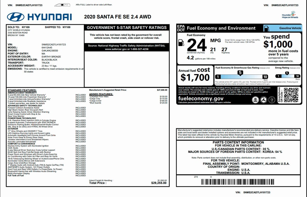 used 2020 Hyundai Santa Fe car, priced at $18,500