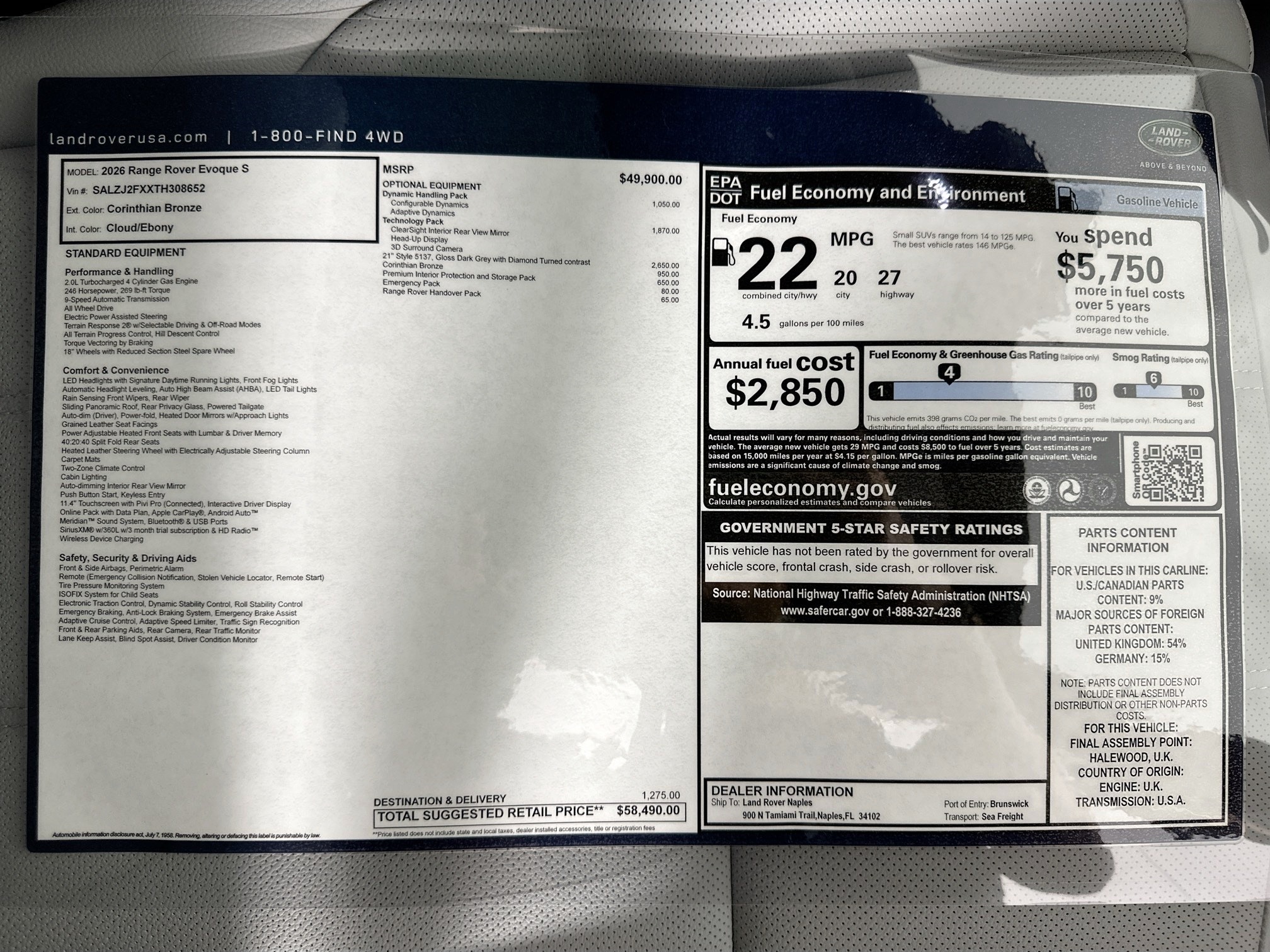 new 2026 Land Rover Range Rover Evoque car, priced at $58,490