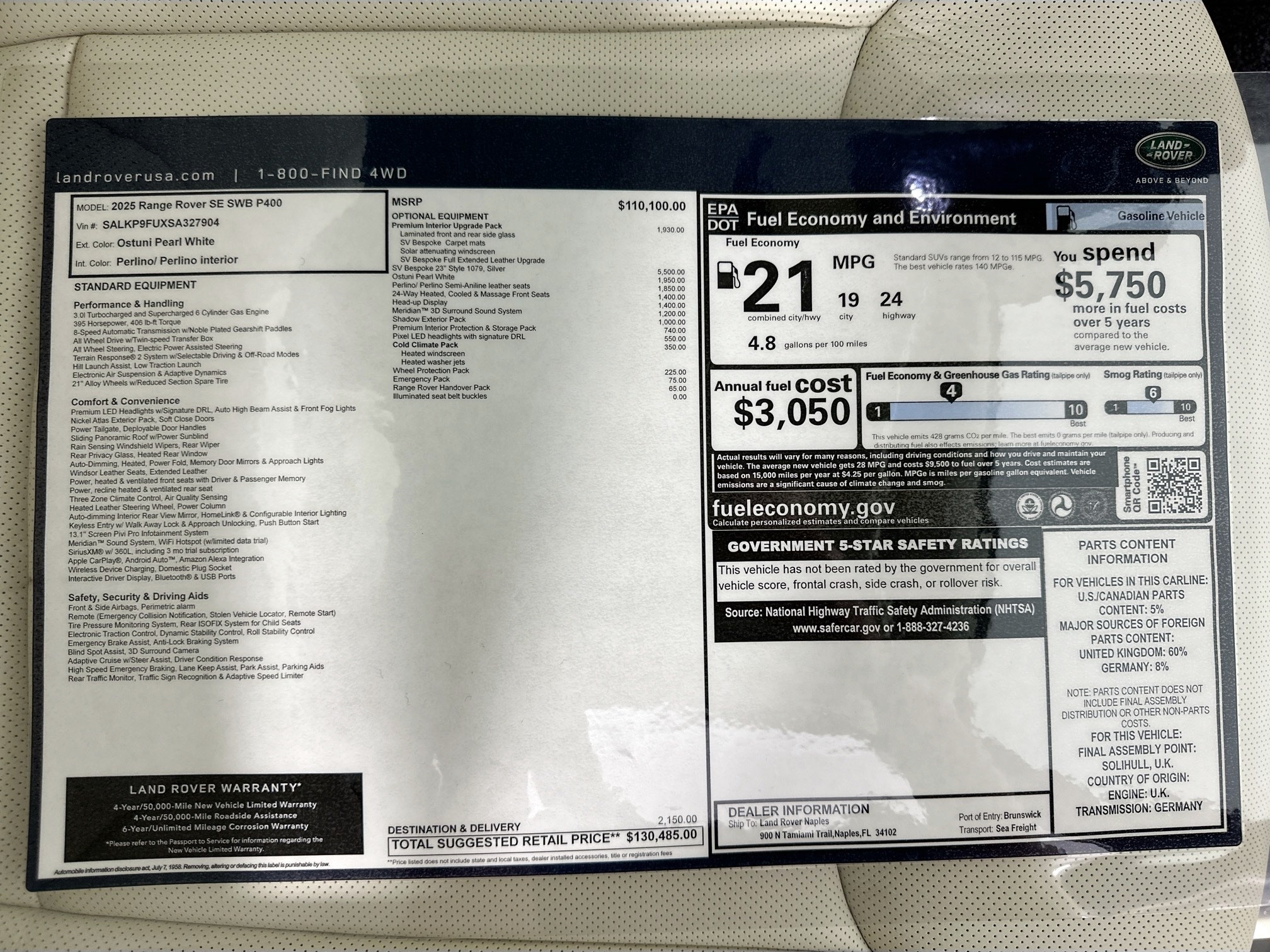 new 2025 Land Rover Range Rover car, priced at $130,485