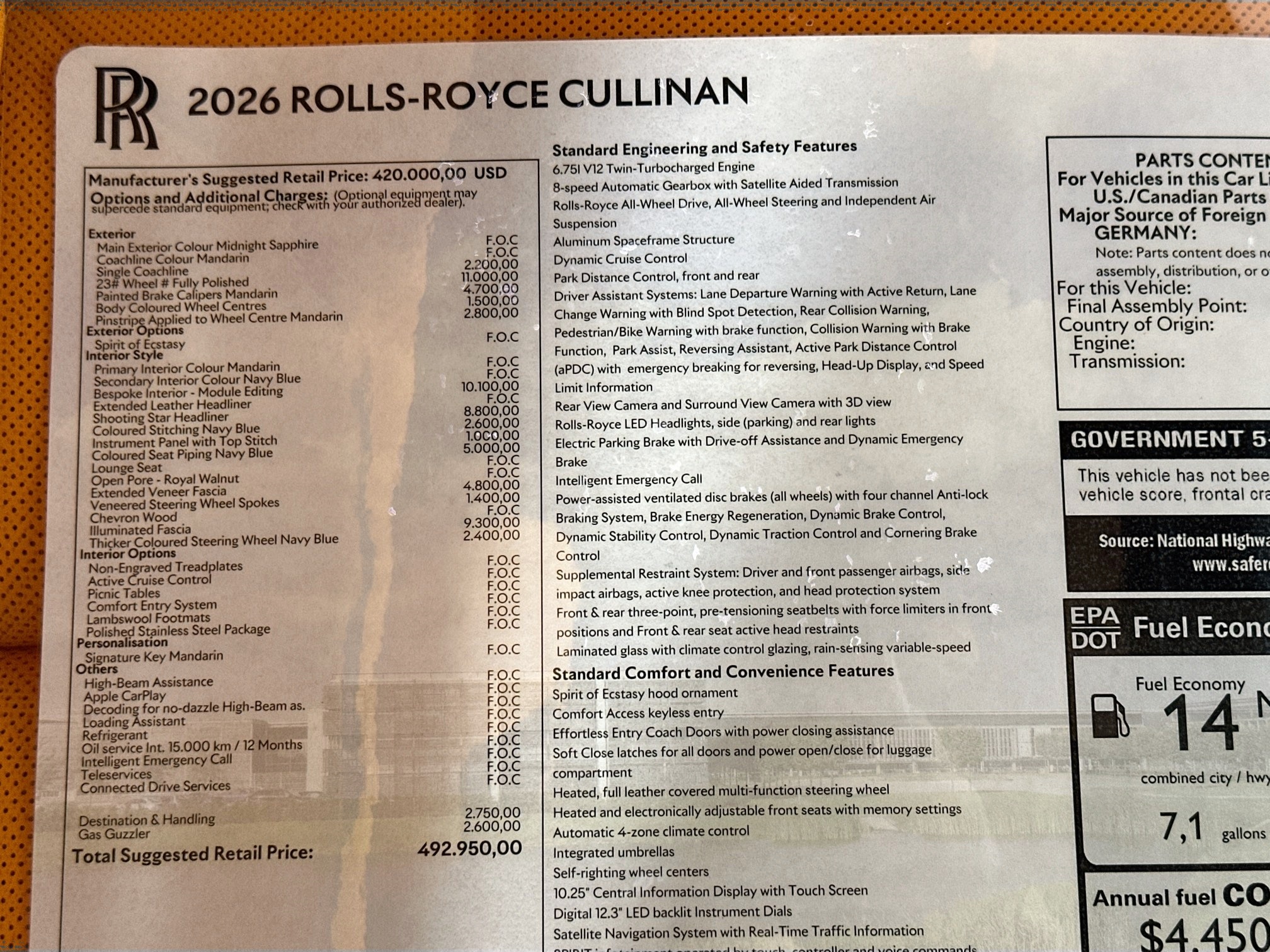 new 2026 Rolls-Royce Cullinan car, priced at $492,950