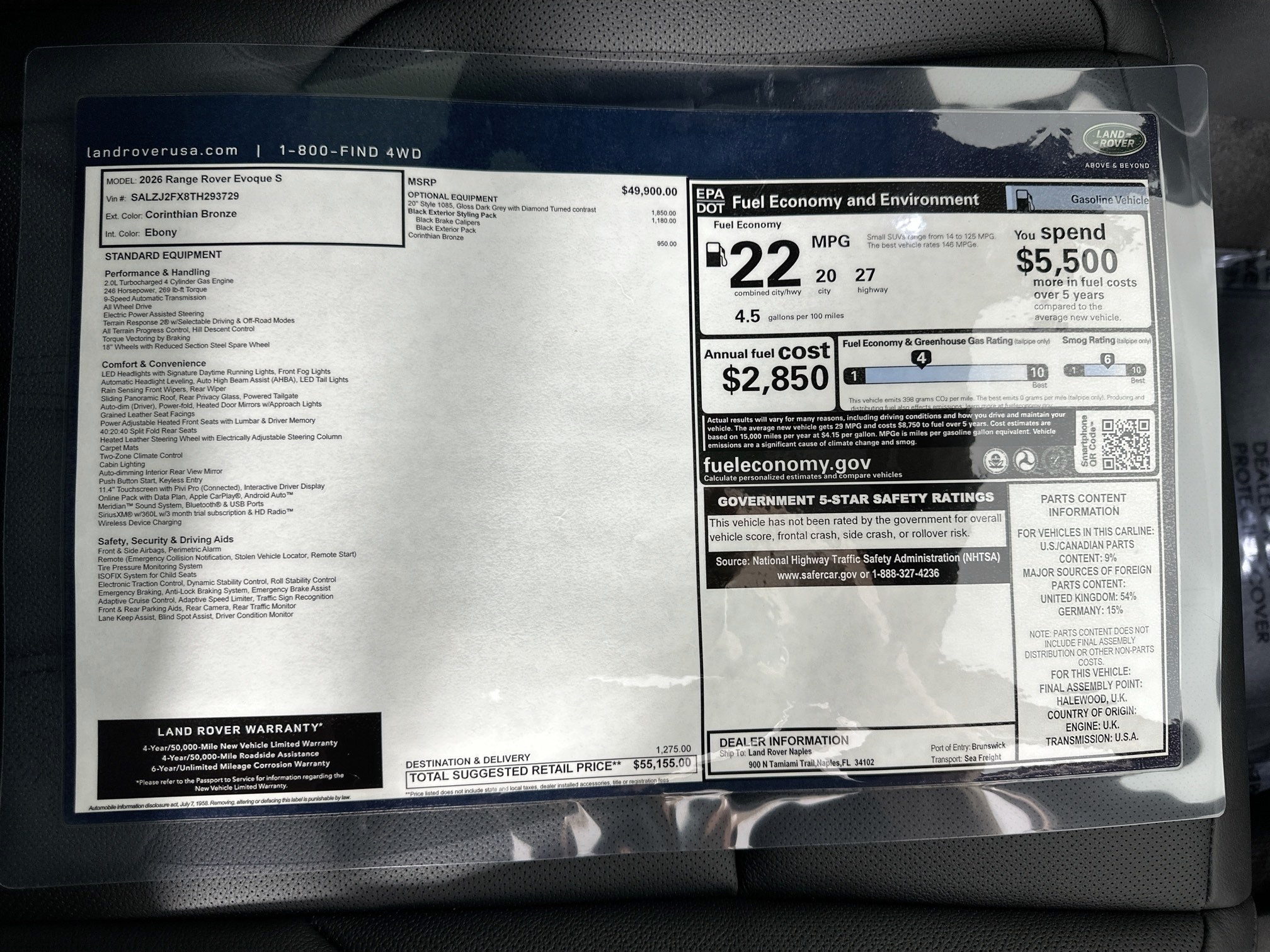 used 2026 Land Rover Range Rover Evoque car, priced at $55,155