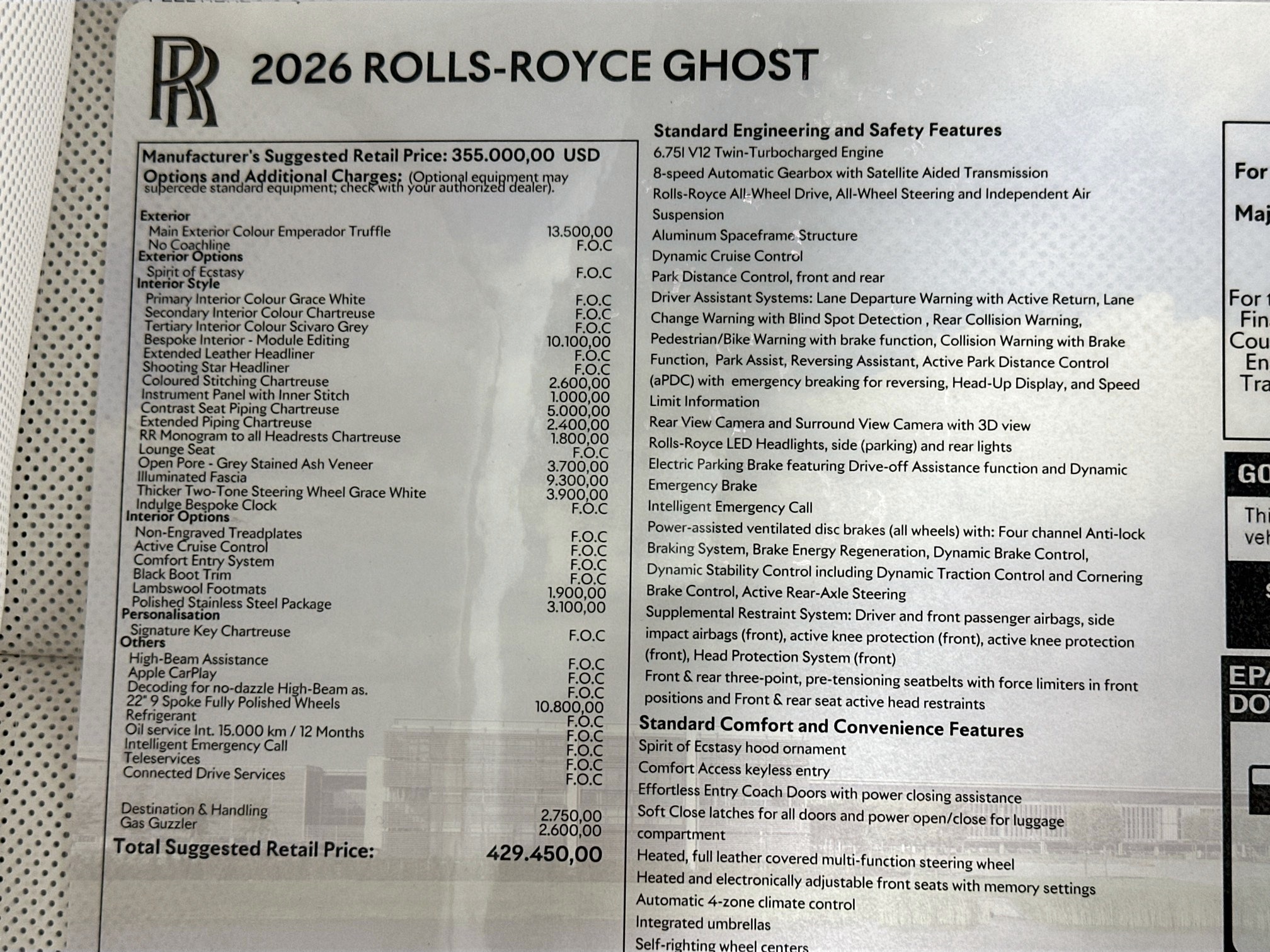 new 2026 Rolls-Royce Ghost car, priced at $429,450