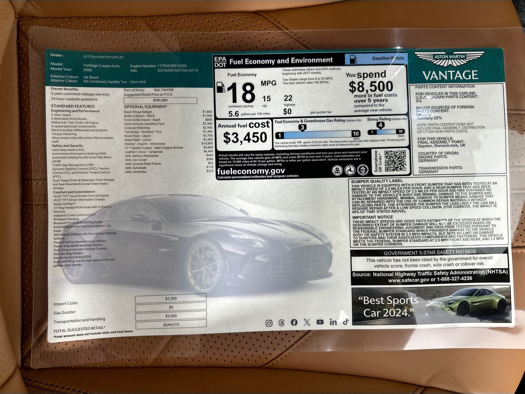 new 2026 Aston Martin Vantage car, priced at $244,315